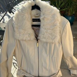Vintage Baby Phat belted Cream Leather Jacket with real removable Fur Collar
